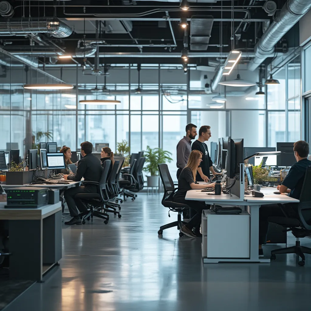 Vista de una oficina moderna y luminosa con tecnología avanzada
