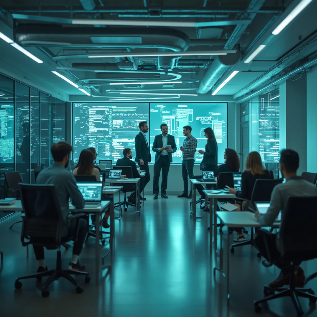 Equipo de consultoría colaborando en un entorno de oficina moderno y futurista